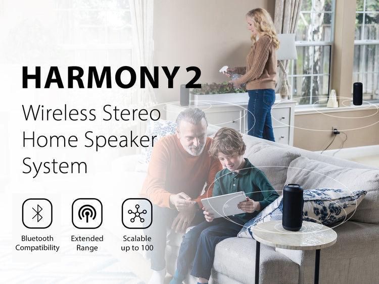 Harmony 2 Wireless Stereo Home Speaker System, Bluetooth compatible with, up 100 ft, expandable  up to 100 speakers.