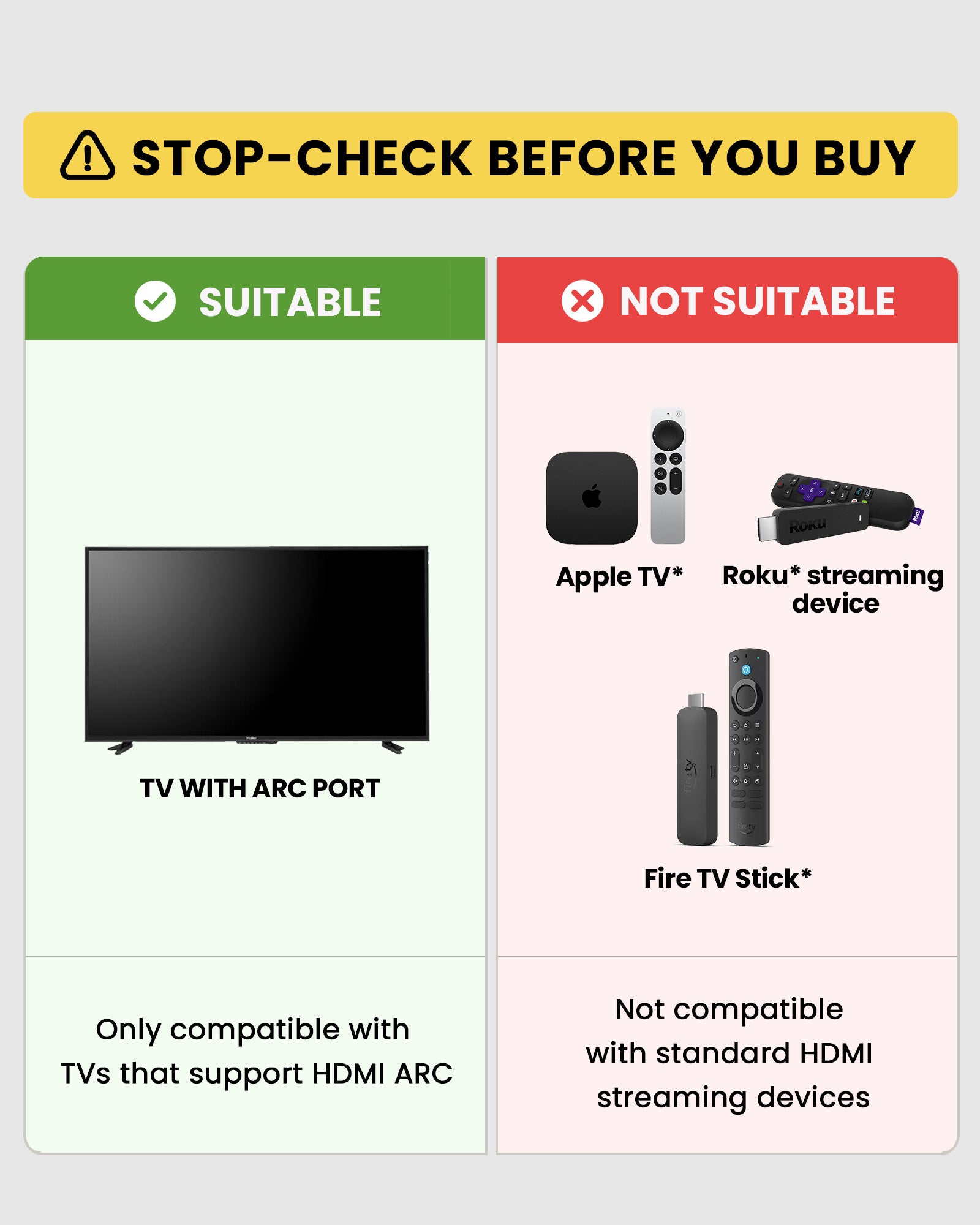 HAX06 HDMI ARC Audio Extractor for Soundbar and Headphones, extracts TV audio from HDMI ARC only; not compatible with Apple TV, Roku, or game consoles.