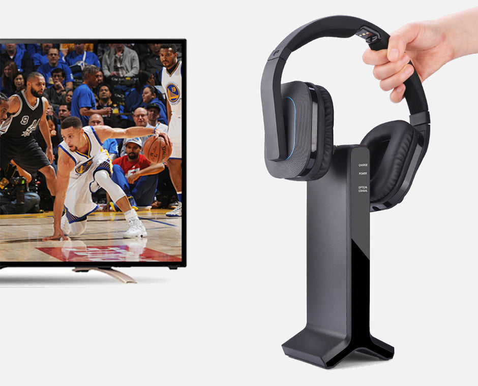 HT280 Wireless TV Headphones for Seniors, plug-and-play auto connection with charging dock transmitter, no pairing required.