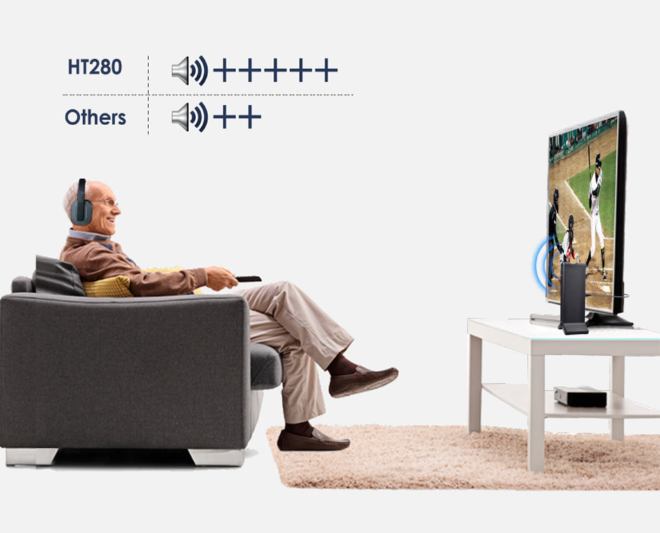 HT280 Wireless TV Headphones for Seniors, high-volume settings with independent controls for louder TV listening 