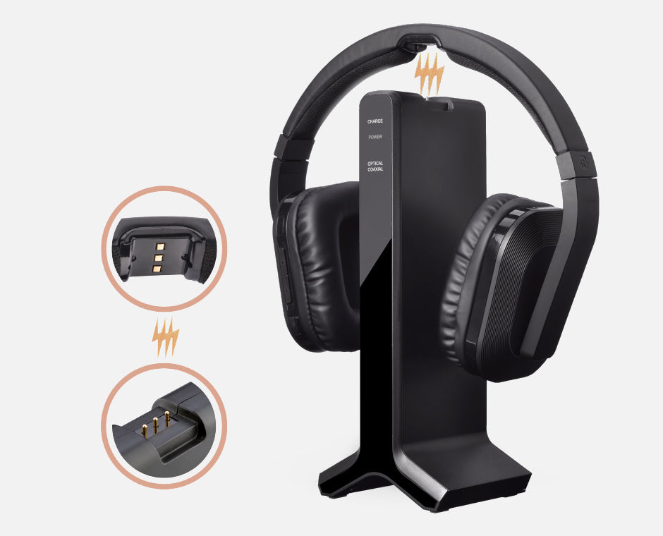 HT280 Wireless TV Headphones for Seniors, magnetic charging dock for convenient charging.