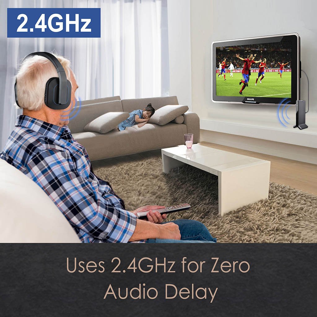 HT280 Wireless TV Headphones for Seniors, 2.4GHz wireless headphones for synchronized audio for TV shows, games, and videos.