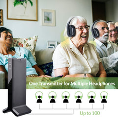 HT280 Wireless TV Headphones for Seniors, supports up to 100 headphones for group listening with additional sets.