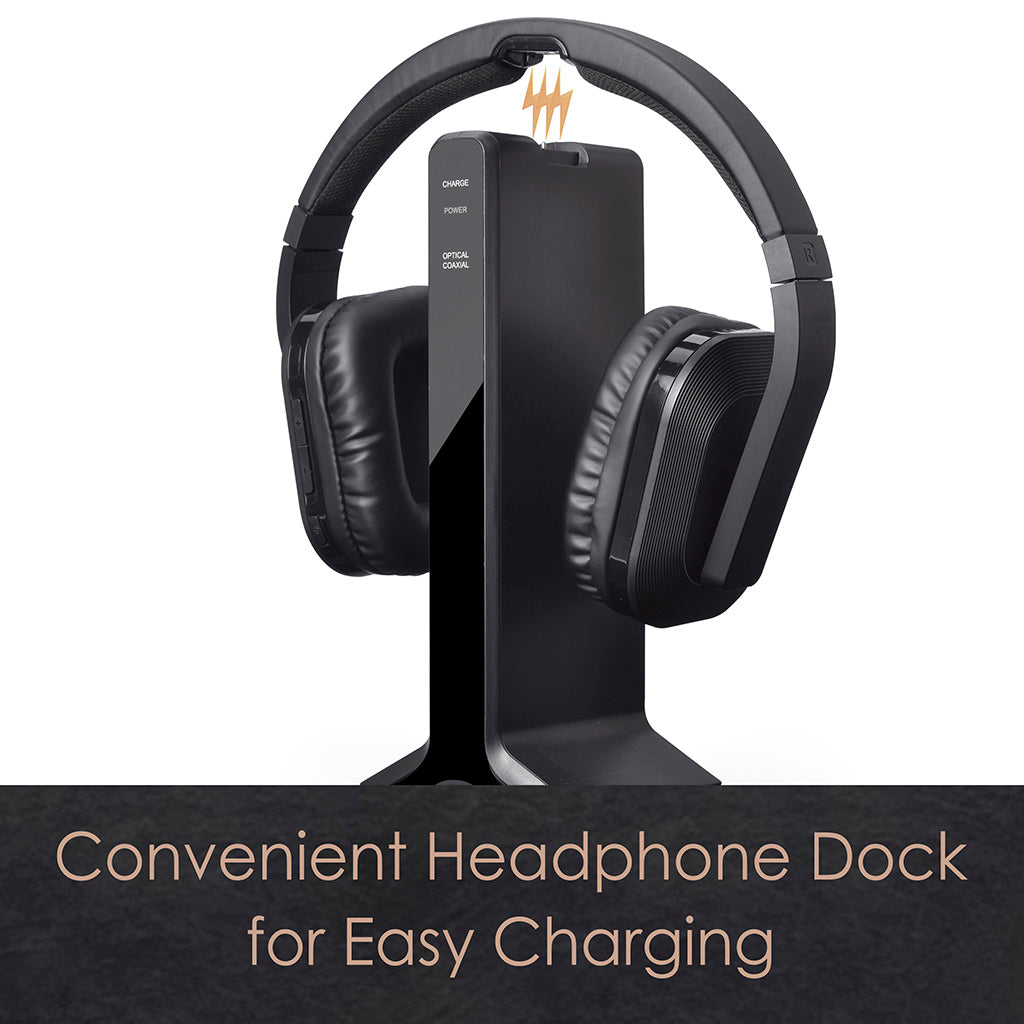HT280 Wireless TV Headphones for Seniors, magnetic charging dock for convenient charging.