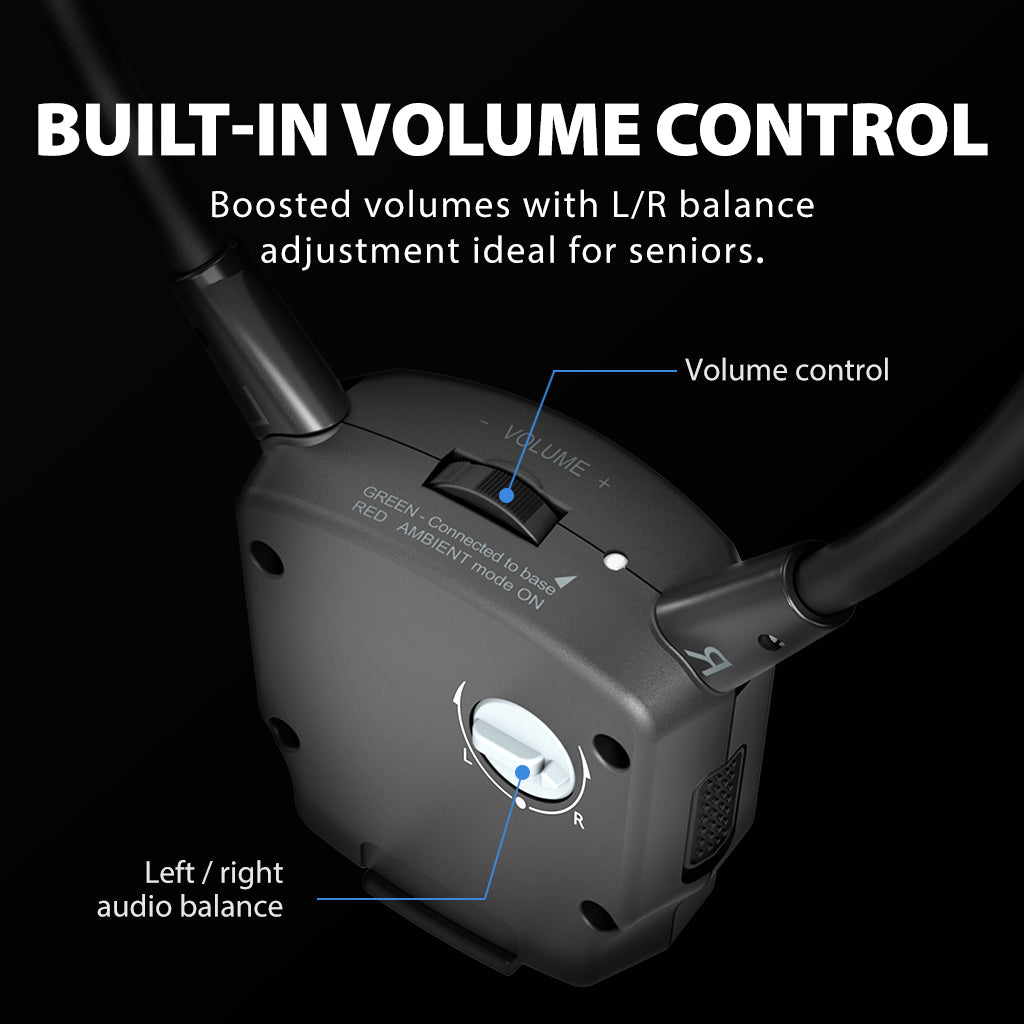 HT381 Wireless Sound Amplifying Headphones for TV with 2.4GHz connection, senior-friendly with built-in volume control and L/R balance adjustment.