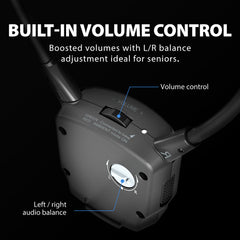 HT381 Wireless Sound Amplifying Headphones for TV with 2.4GHz connection, senior-friendly with built-in volume control and L/R balance adjustment.