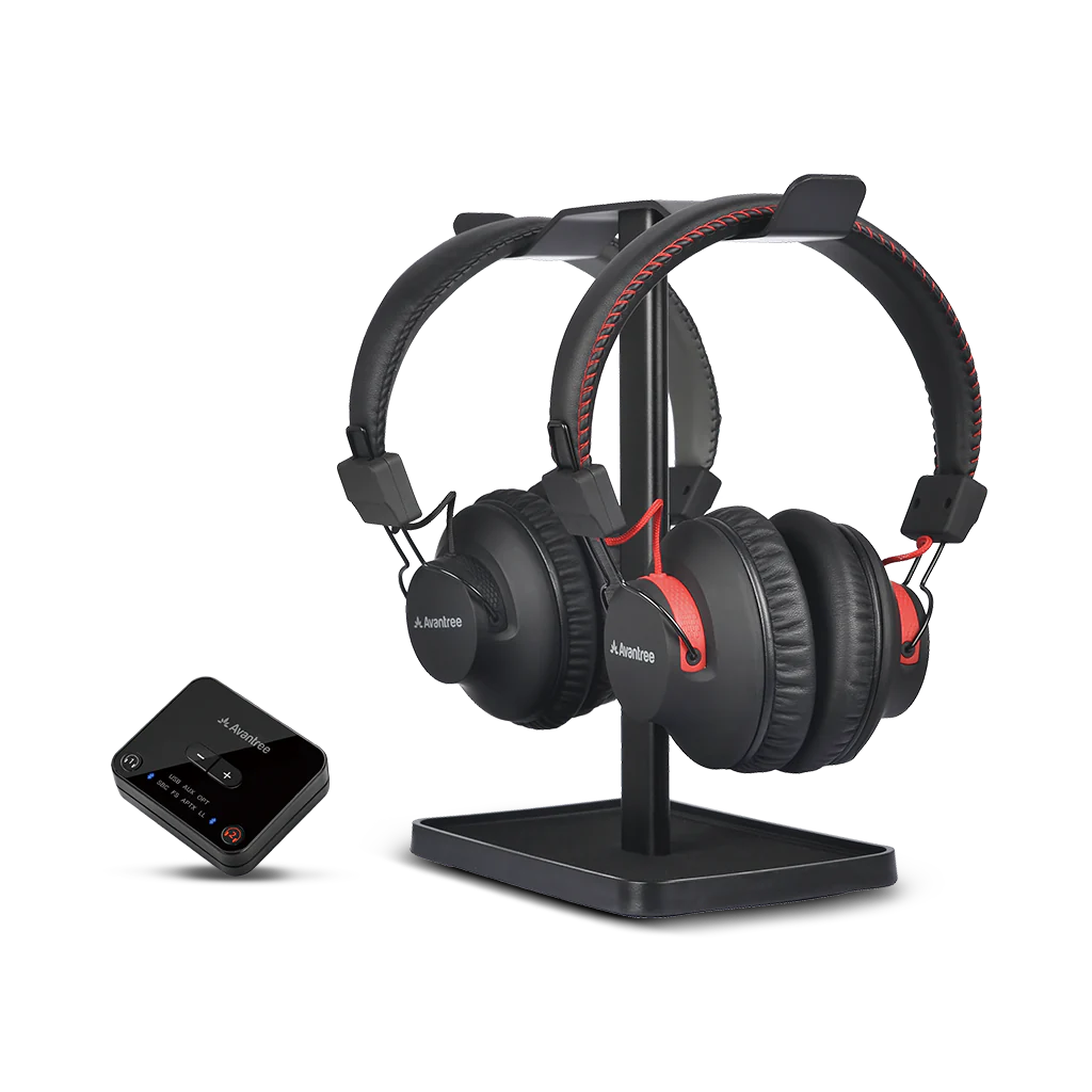 HT41899  Dual Headphone TV Set for seniors. Supports optical, AUX (3.5mm), RCA input cables, or built-in Bluetooth audio outputs. 