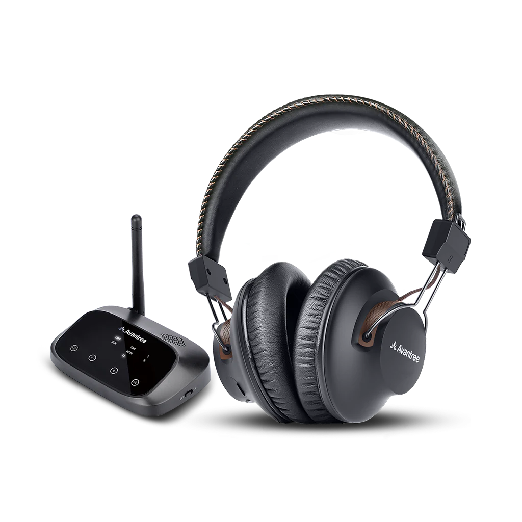 HT5009 Wireless Headphones for TV with transmitter, supports optical, 3.5 mm AUX, and RCA inputs, with soundbar passthrough