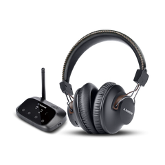 HT5009 Wireless Headphones for TV with transmitter, supports optical, 3.5 mm AUX, and RCA inputs, with soundbar passthrough