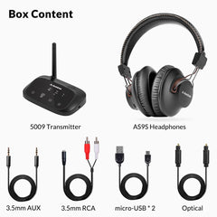 Avantree HT5009 Wireless Headphones for TV with transmitter, includes accessories for setup.