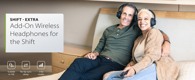 Shift Extra Add-on Wireless Headphones, expands to 100 headphones with no audio delay and two EQ modes.
