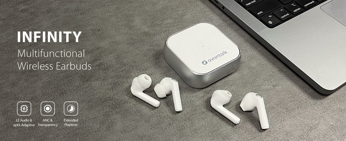Infinity Multifunctional Wireless Earbuds with LE Audio & aptX Adaptive, ANC, transparency mode, and extended playtime.