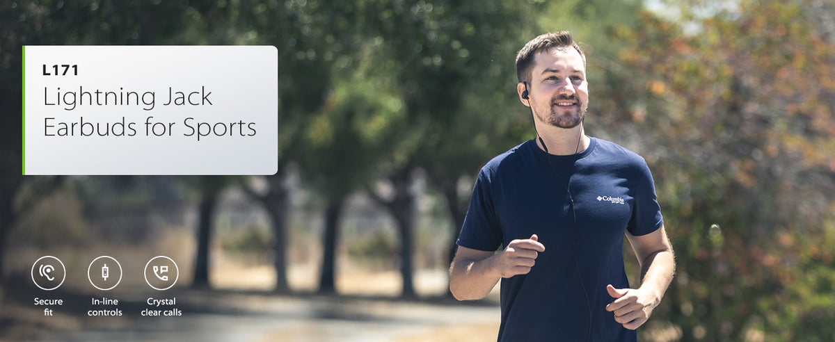 L171 Wired Lightning Earbuds for Sports & Running, secure fit, in-line controls, and clear calls.
