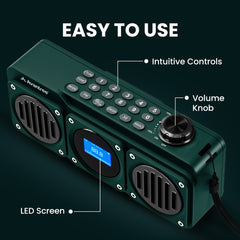 Boombyte Portable Digital FM Radio with Bluetooth Speaker, intuitive controls, large knob, LCD screen, and labeled buttons for easy FM tuning and playback.