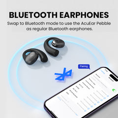 AcuEar Pebble Hearing Amplifier with Microphone for Seniors, switches between hearing amplification and Bluetooth music or calls.