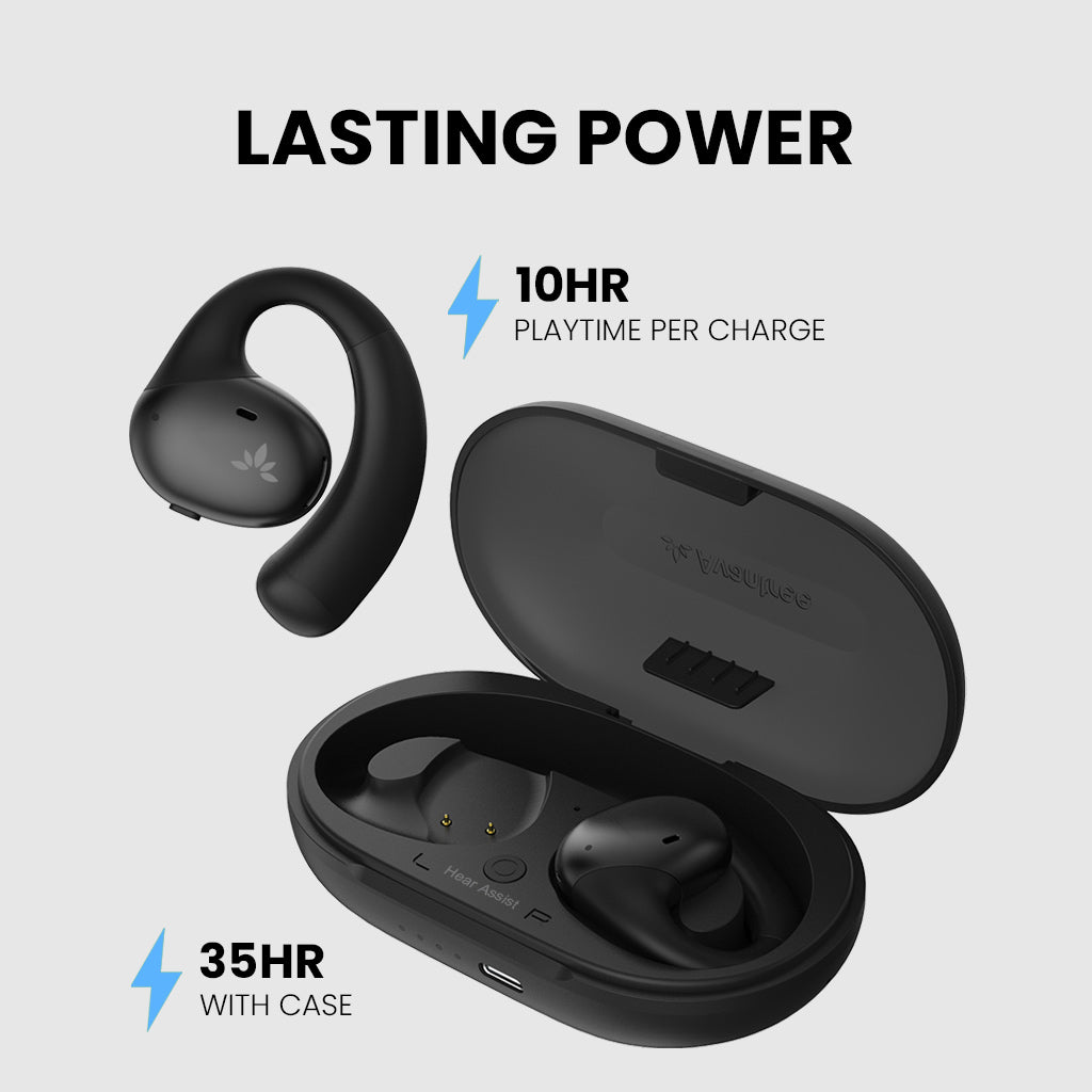 AcuEar Pebble Hearing Amplifier with Microphone for Seniors, up to 10 hours playback and 35 hours with charging case.