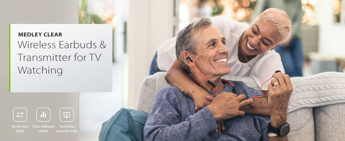 Medley Clear Wireless Earbuds & Transmitter for TV watching with no audio delay, Clear dialogue mode, and soundbar passthrough.