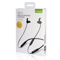 NB16 Bluetooth Neckband Headphones, includes earbuds, ear tips, fins, and a USB charging cable.