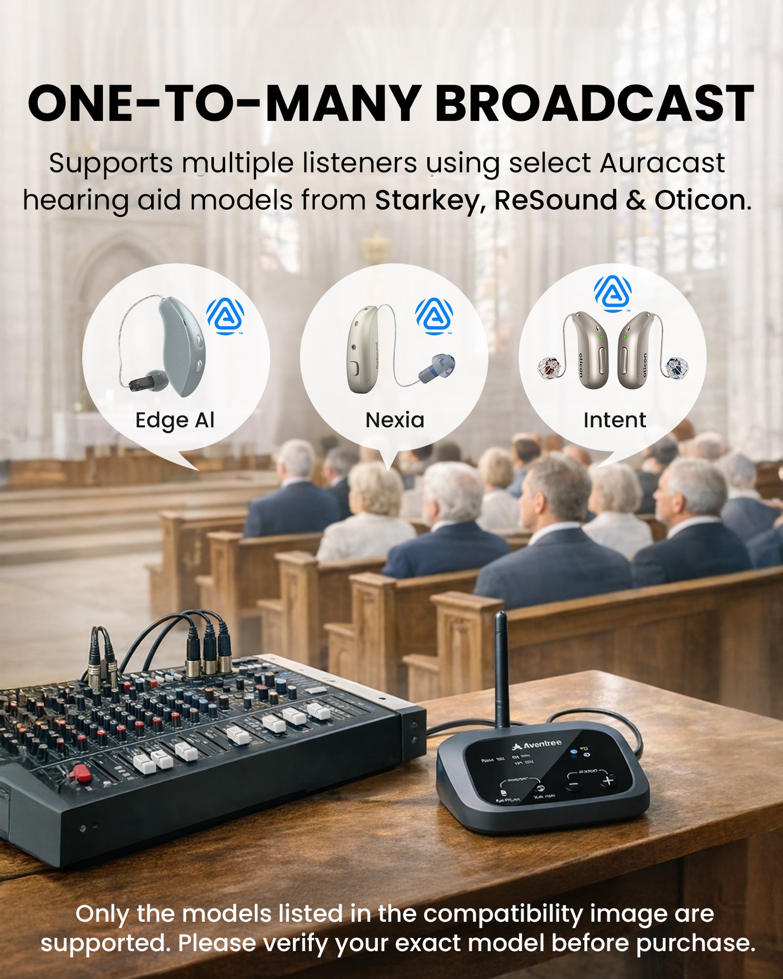 Oasis Aura Long-Range Auracast Audio Transmitter for churches and venues, supports Auracast hearing aids from Starkey, ReSound, Oticon, and more.