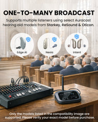 Oasis Aura Long-Range Auracast Audio Transmitter for churches and venues, supports Auracast hearing aids from Starkey, ReSound, Oticon, and more.