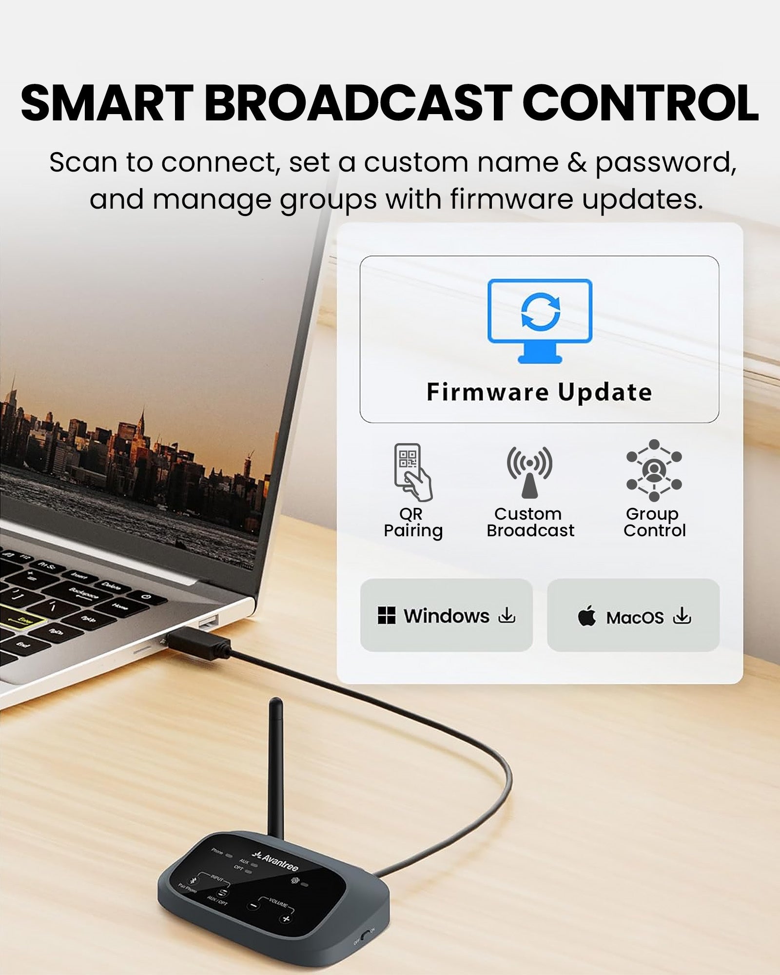Auracast transmitter with Long-Range Auracast Audio Transmitter for Churches, with QR pairing, custom name, password protection, group management, and firmware updates.