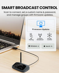 Auracast transmitter with Long-Range Auracast Audio Transmitter for Churches, with QR pairing, custom name, password protection, group management, and firmware updates.