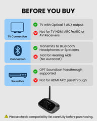 Oasis Plus 2 Bluetooth Transmitter for TV and PC, optical/AUX input with soundbar passthrough; HDMI ARC/eARC not supported.