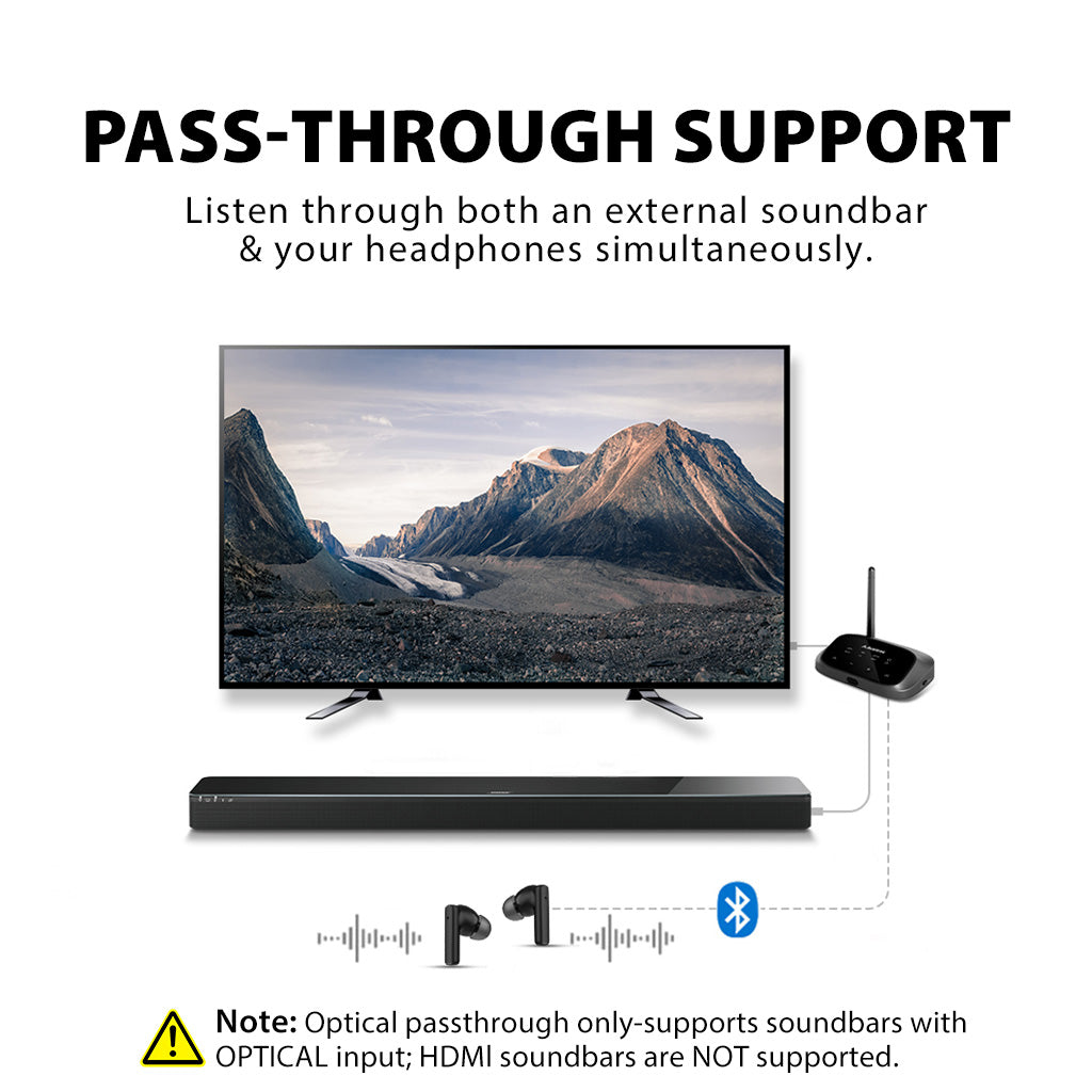 Oasis Plus 2 Bluetooth Transmitter for TV, PC. Supports optical pass-through for simultaneous soundbar and Bluetooth headphone audio; HDMI ARC/eARC not supported.