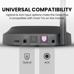 Oasis Plus 2 Bluetooth Transmitter for TV and PC, supports optical and AUX input with optical pass-through for simultaneous soundbar and Bluetooth headphone audio; HDMI ARC/eARC not supported.