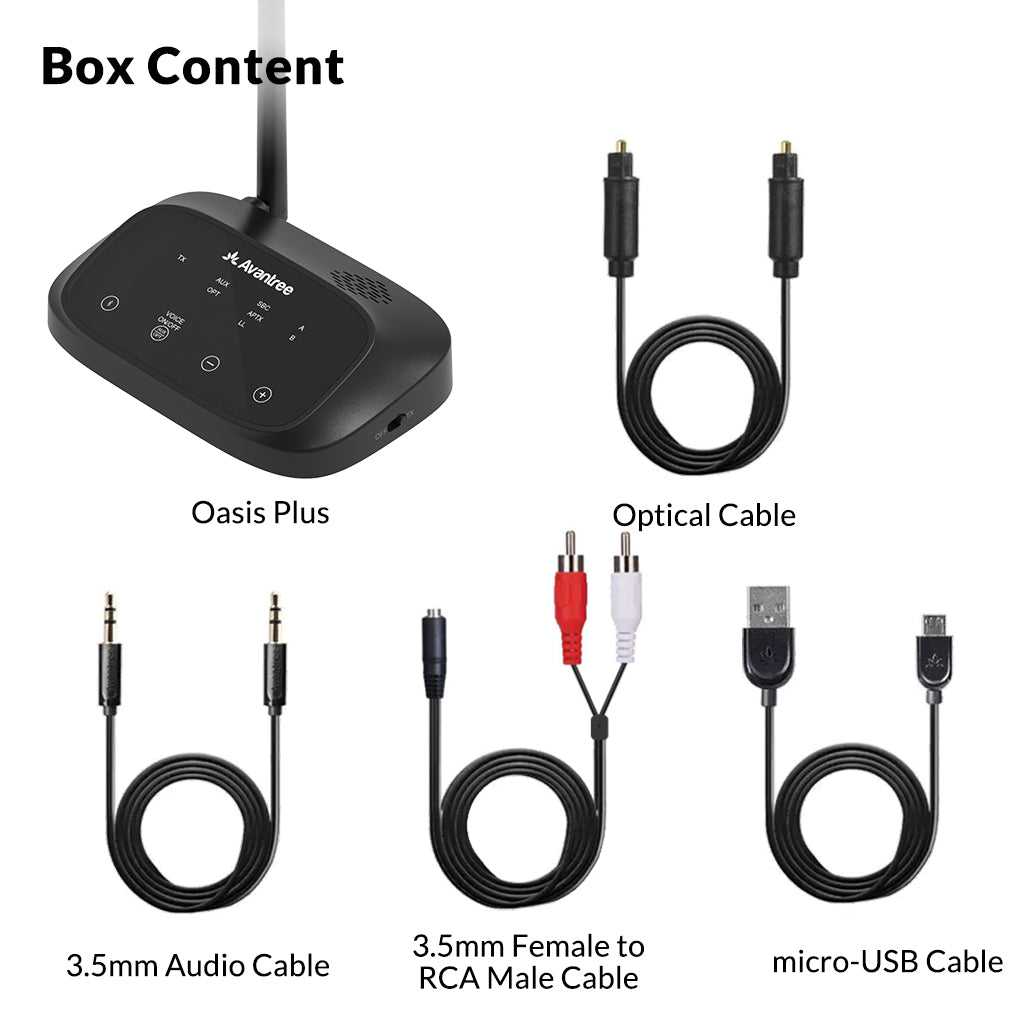 Oasis Plus Bluetooth Transmitter for TV, includes transmitter unit and audio accessories for easy setup.