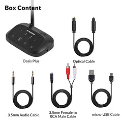Oasis Plus Bluetooth Transmitter for TV, includes transmitter unit and audio accessories for easy setup.