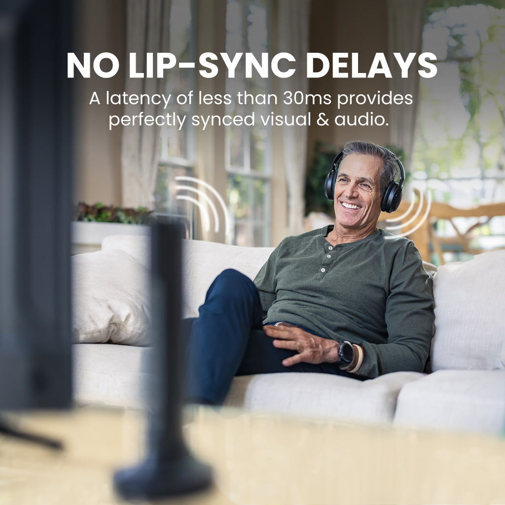 Opera Plus Wireless TV Headphones with Clear Dialogue and Boosted Volume for seniors, with low latency under 30 ms, no lip-sync delay