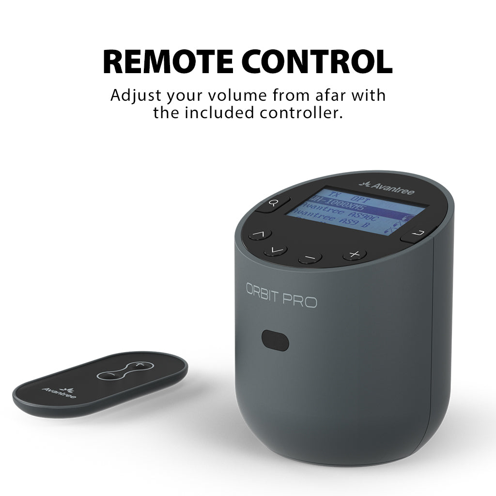 Orbit Pro Bluetooth Transmitter for TV, with  remote control for volume adjustment from a distance.