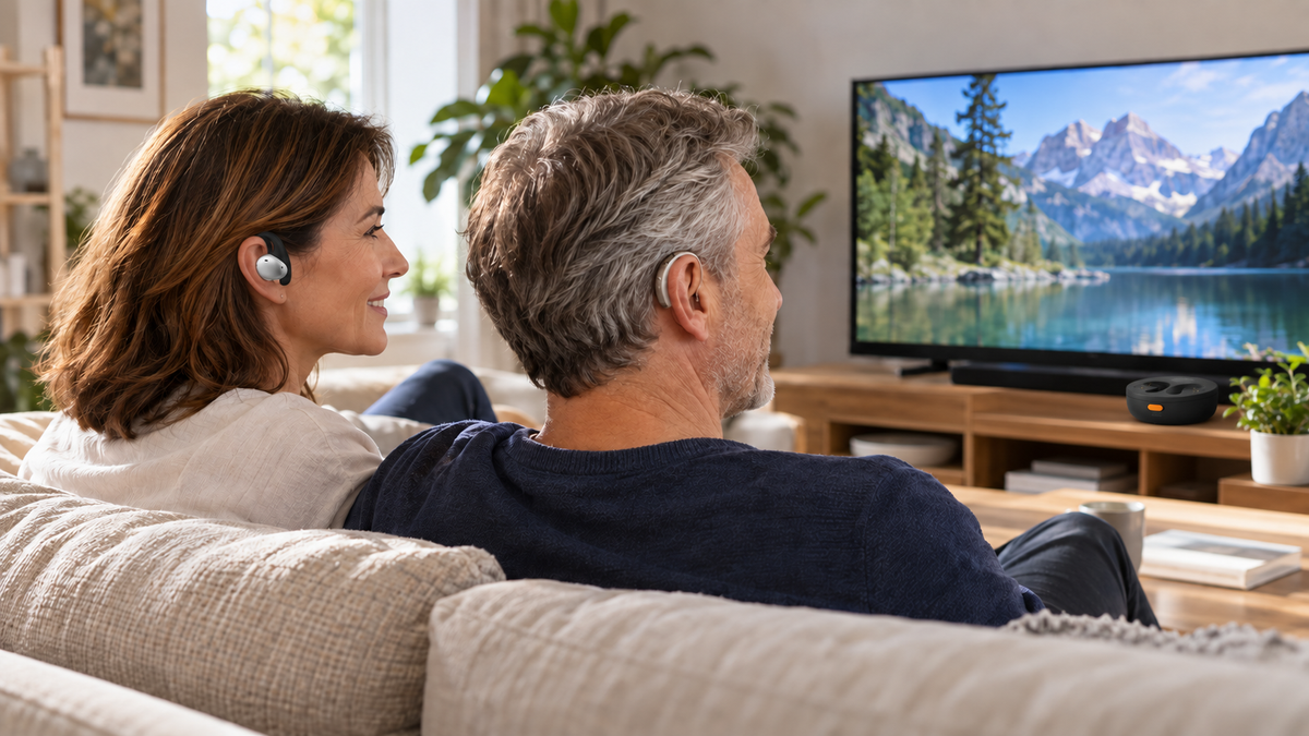 Two people watching TV with Pebble Aura and an Auracast hearing aid