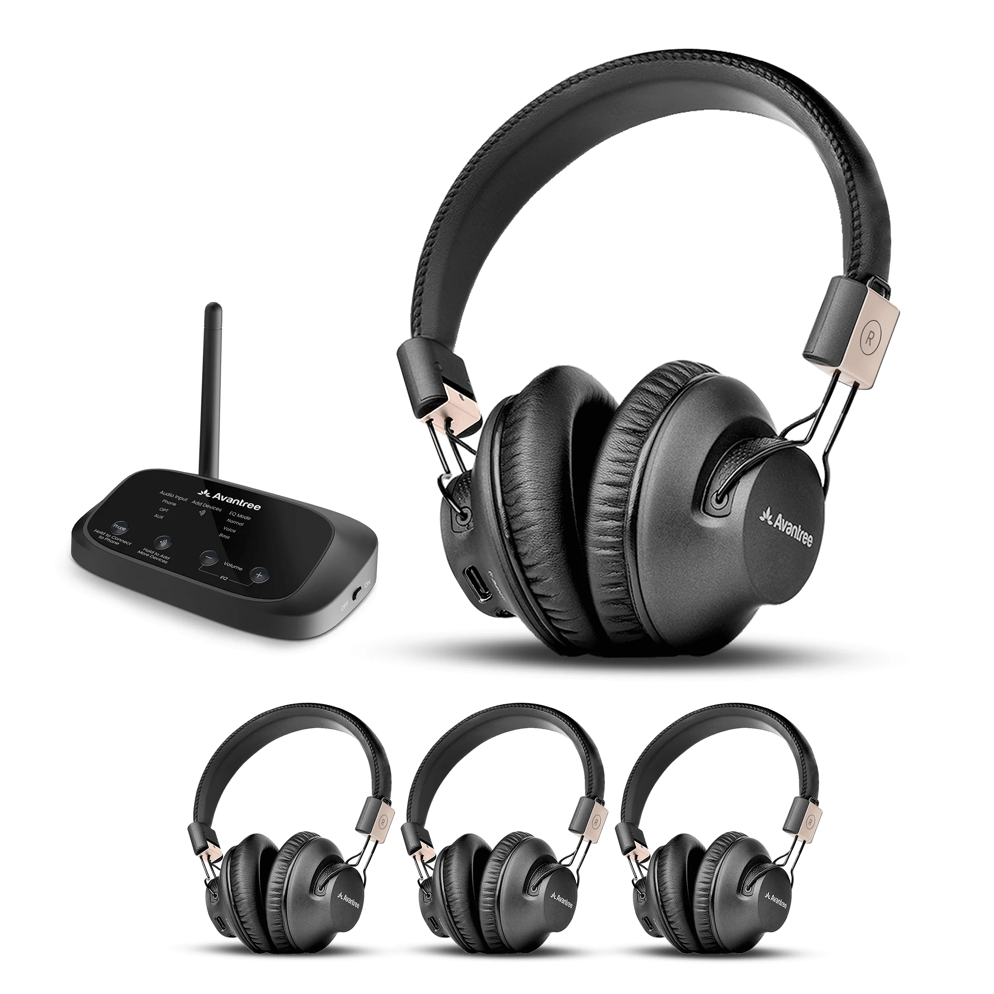 Avantree Quartet 2 kit with four wireless headphones and a transmitter