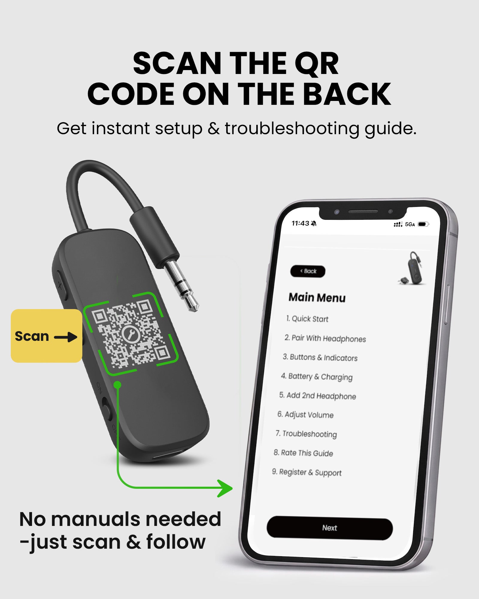 Relay Bluetooth Adapter for Airplanes, easy-to-scan setup for quick and hassle-free Bluetooth headphone pairing.
