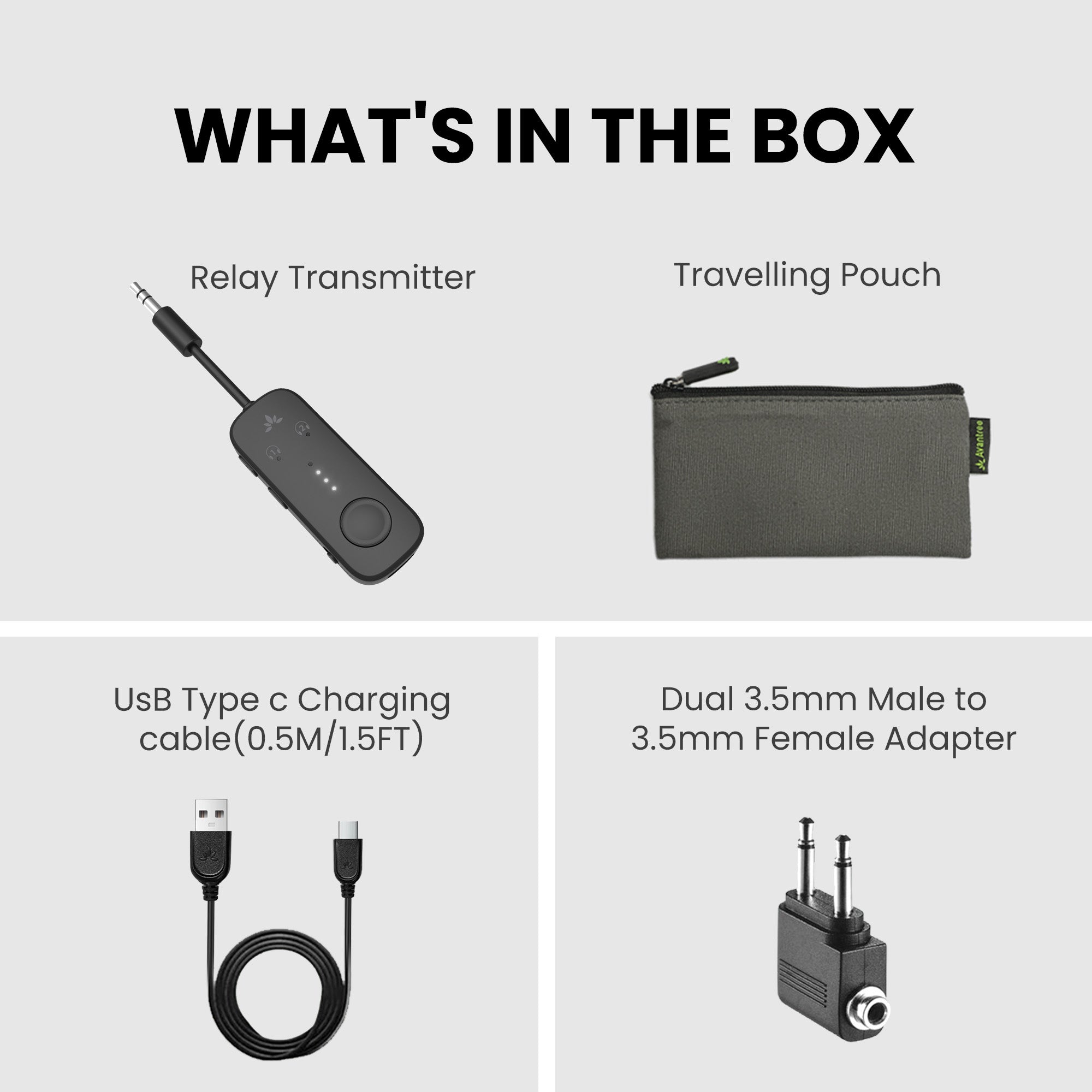 Relay Bluetooth Adapter for Airplanes, includes transmitter, travel pouch, USB-C charging cable, and dual 3.5mm airplane adapter.