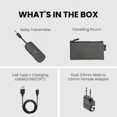 Relay Bluetooth Adapter for Airplanes, includes transmitter, travel pouch, USB-C charging cable, and dual 3.5mm airplane adapter.