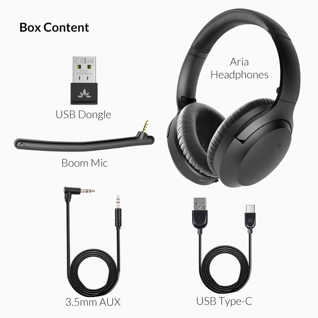 Aria 90B Bluetooth Meeting Headphones with Mic & USB Adapter, includes USB dongle, 3.5mm AUX, USB-C cable, and 
Aria headphones.