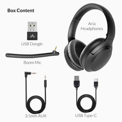 Aria 90B Bluetooth Meeting Headphones with Mic & USB Adapter, includes USB dongle, 3.5mm AUX, USB-C cable, and 
Aria headphones.