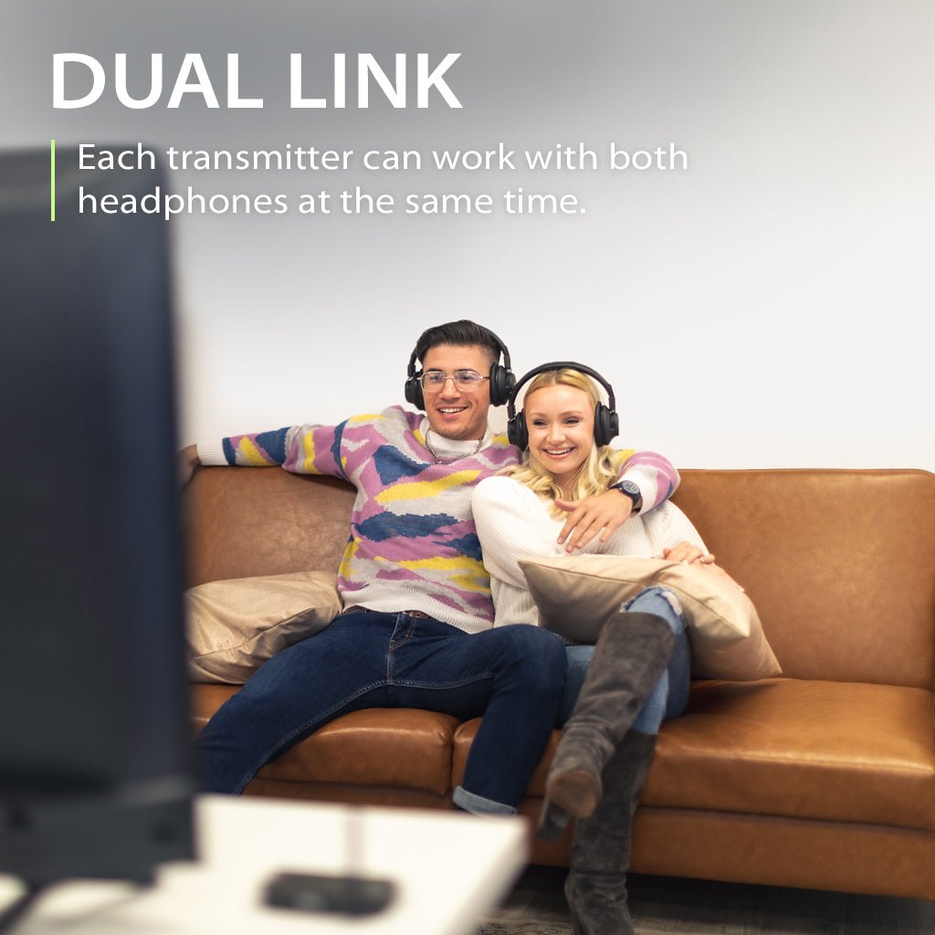 Shift Wireless Multi-Channel TV Headphone Set, pairs two headphones simultaneously, and expands up to 100 headphones.