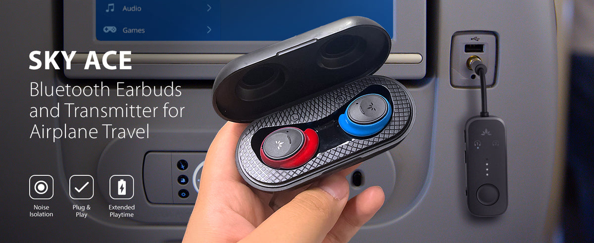 Sky Ace Bluetooth Earbuds & Transmitter for airplane travel with noise isolation, plug-and-play setup, and extended battery life.