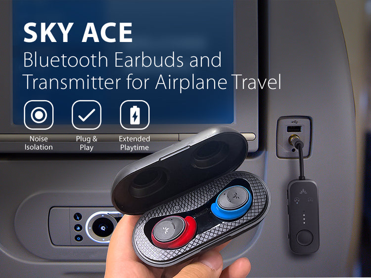 Sky Ace Bluetooth Earbuds & Transmitter for airplane travel with noise isolation, plug-and-play, and extended battery life.