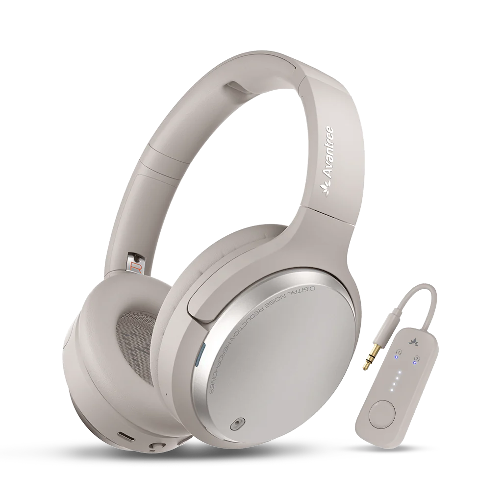 Sky Eon Airplane Headphones with Bluetooth Adapter, wireless transmitter and noise-canceling headphones for in-flight audio, travel, calls, and TV use with plug-and-play setup.