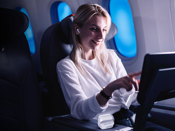 Sky Infinity NC Noise-Canceling Earbuds & Adapter. Plug-and-play transmitter, ideal for flights and everyday listening. 