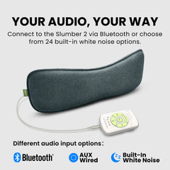 Slumber 2 Bluetooth Pillow Sleep Headphones with 4 flat speakers, supports Bluetooth streaming, 3.5mm AUX input, or 24 built-in white noise options.