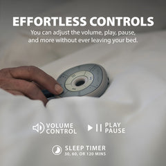 Slumber Bluetooth Pillow Sleep Headphones with MP3 Player, outlet powered, featuring play and pause button, volume control,  nd sleep timer