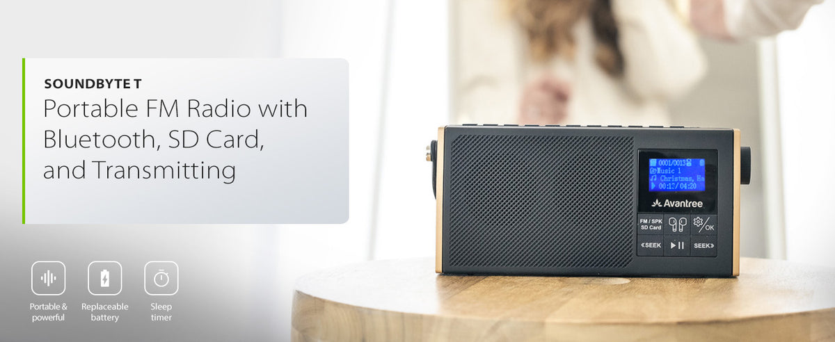 SoundByte T Portable FM Radio with Bluetooth, SD card, transmitting, replaceable battery, and sleep timer 