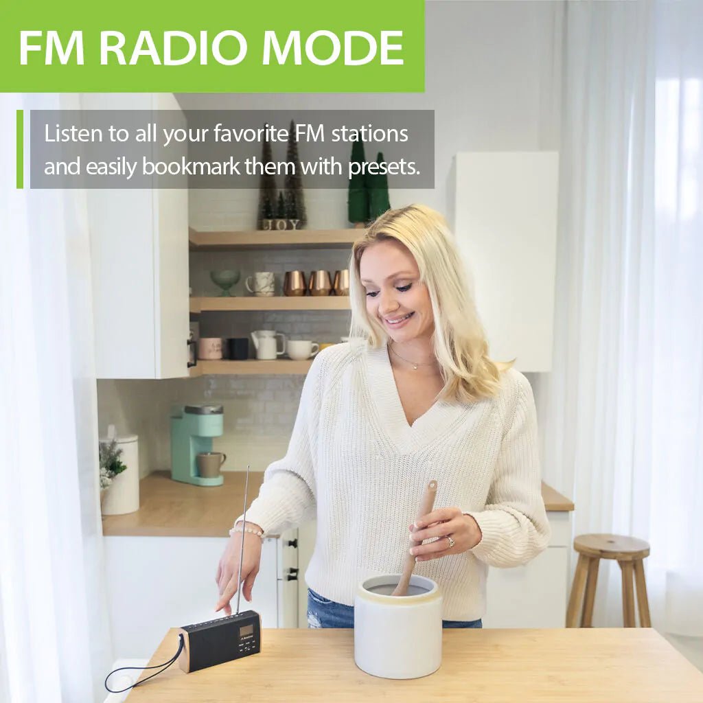 SoundByte T Portable FM Radio with Bluetooth featuring FM presets, and up to 11 hours of playtime.
