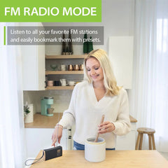 SoundByte T Portable FM Radio with Bluetooth featuring FM presets, and up to 11 hours of playtime.